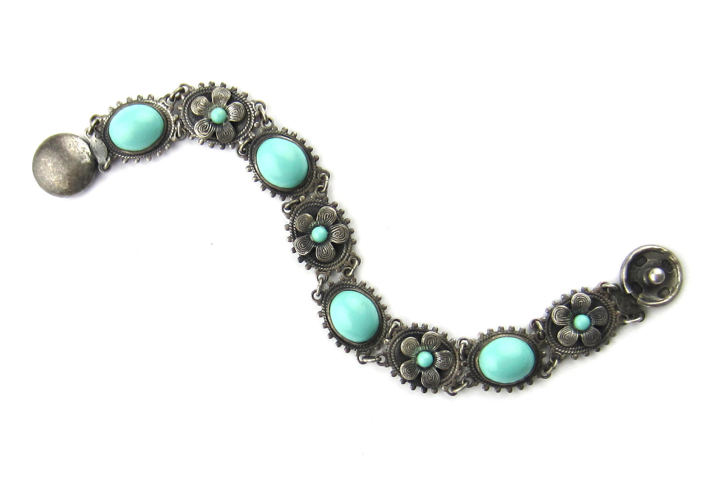 SOLD--Early Art Deco Turquoise Glass Flower Bracelet Silver c. 1920