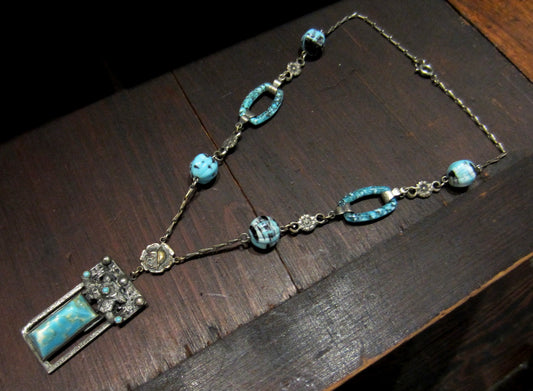 SOLD--Art Deco Turquoise Art Glass Necklace in Silver Plated Brass c. 1930