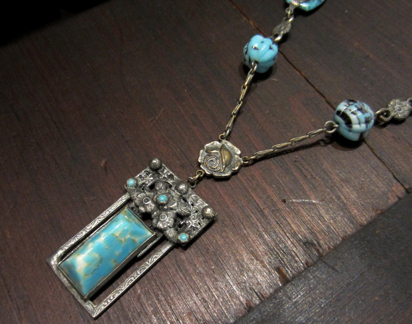 SOLD--Art Deco Turquoise Art Glass Necklace in Silver Plated Brass c. 1930