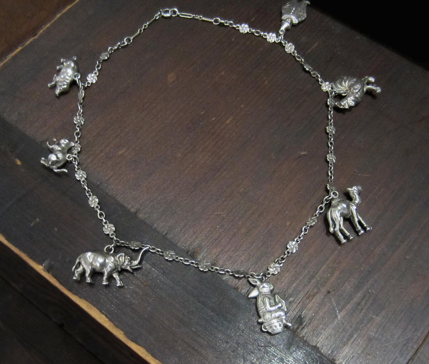 SOLD--Early Deco Animal Charm Necklace Sterling c. 1920