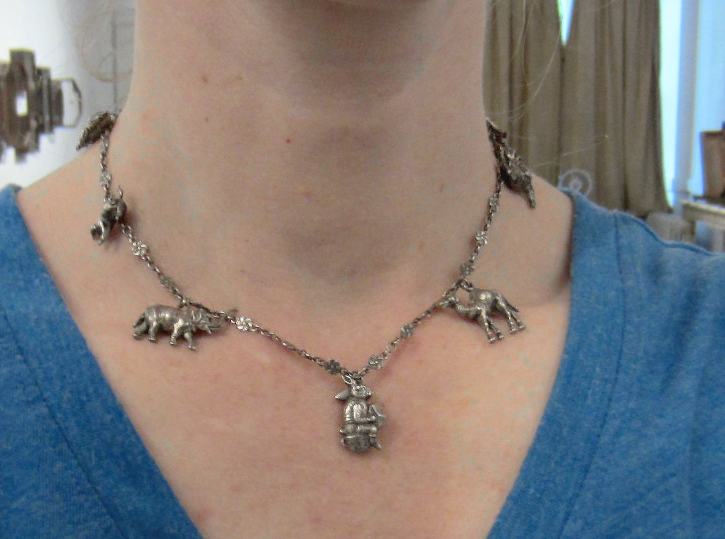 SOLD--Early Deco Animal Charm Necklace Sterling c. 1920