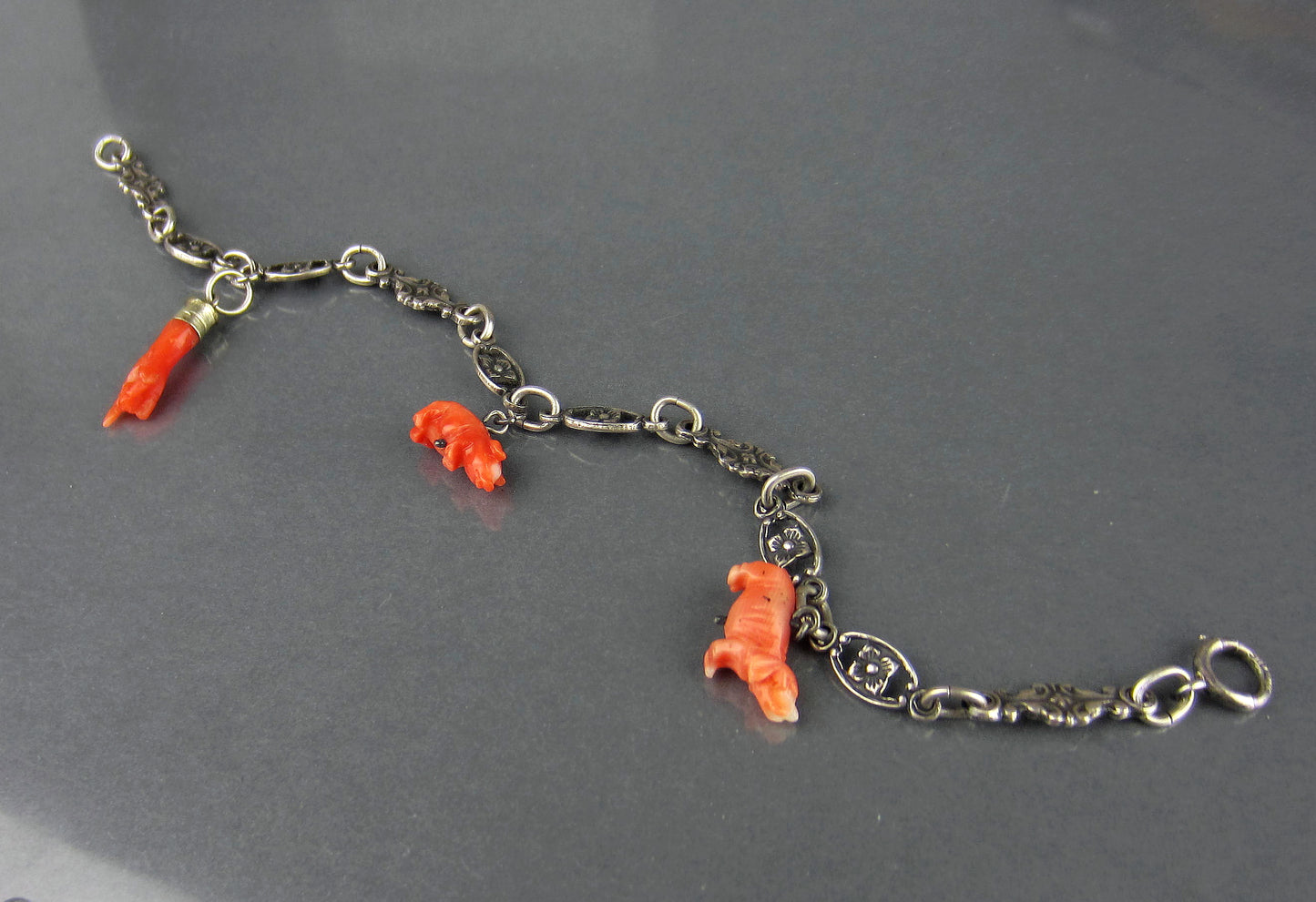 SOLD--Late Victorian Tiny Coral Charm Bracelet Sterling c. 1900