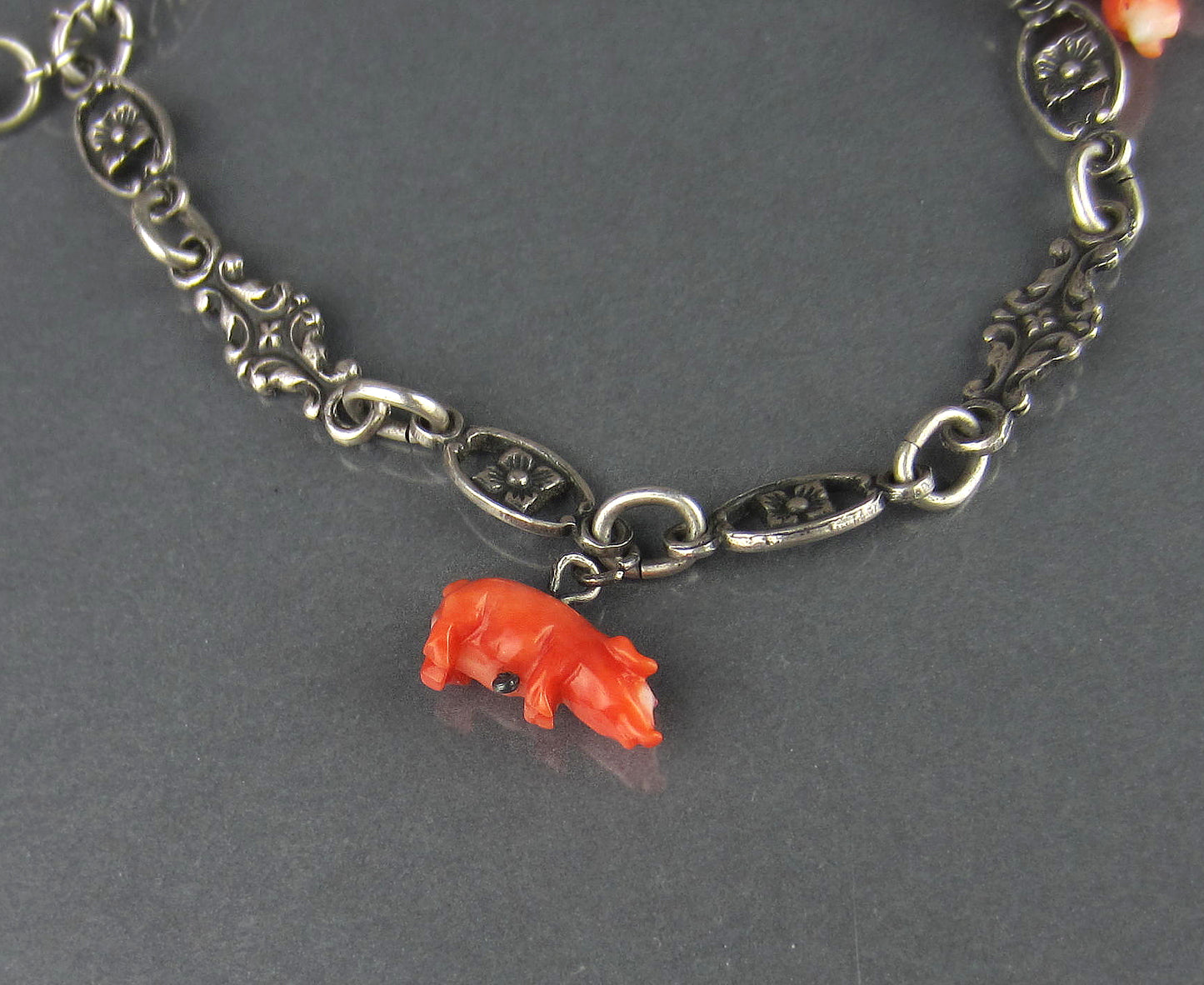 SOLD--Late Victorian Tiny Coral Charm Bracelet Sterling c. 1900