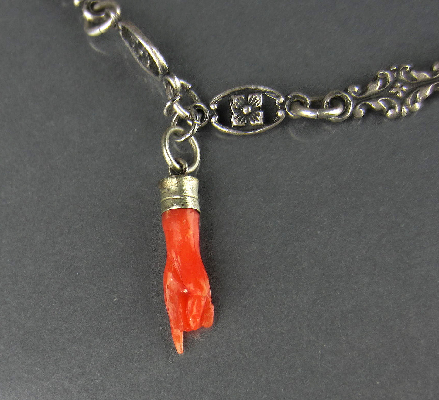 SOLD--Late Victorian Tiny Coral Charm Bracelet Sterling c. 1900