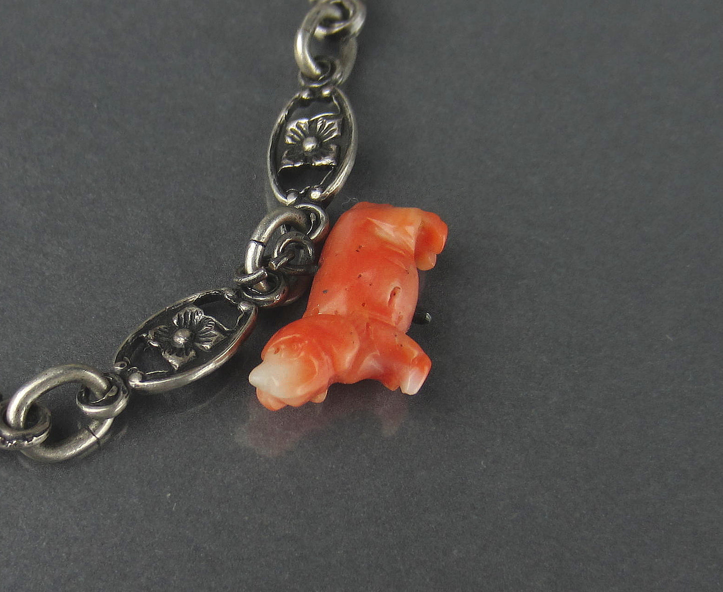 SOLD--Late Victorian Tiny Coral Charm Bracelet Sterling c. 1900