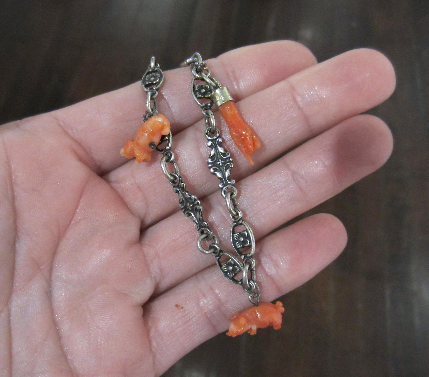 SOLD--Late Victorian Tiny Coral Charm Bracelet Sterling c. 1900