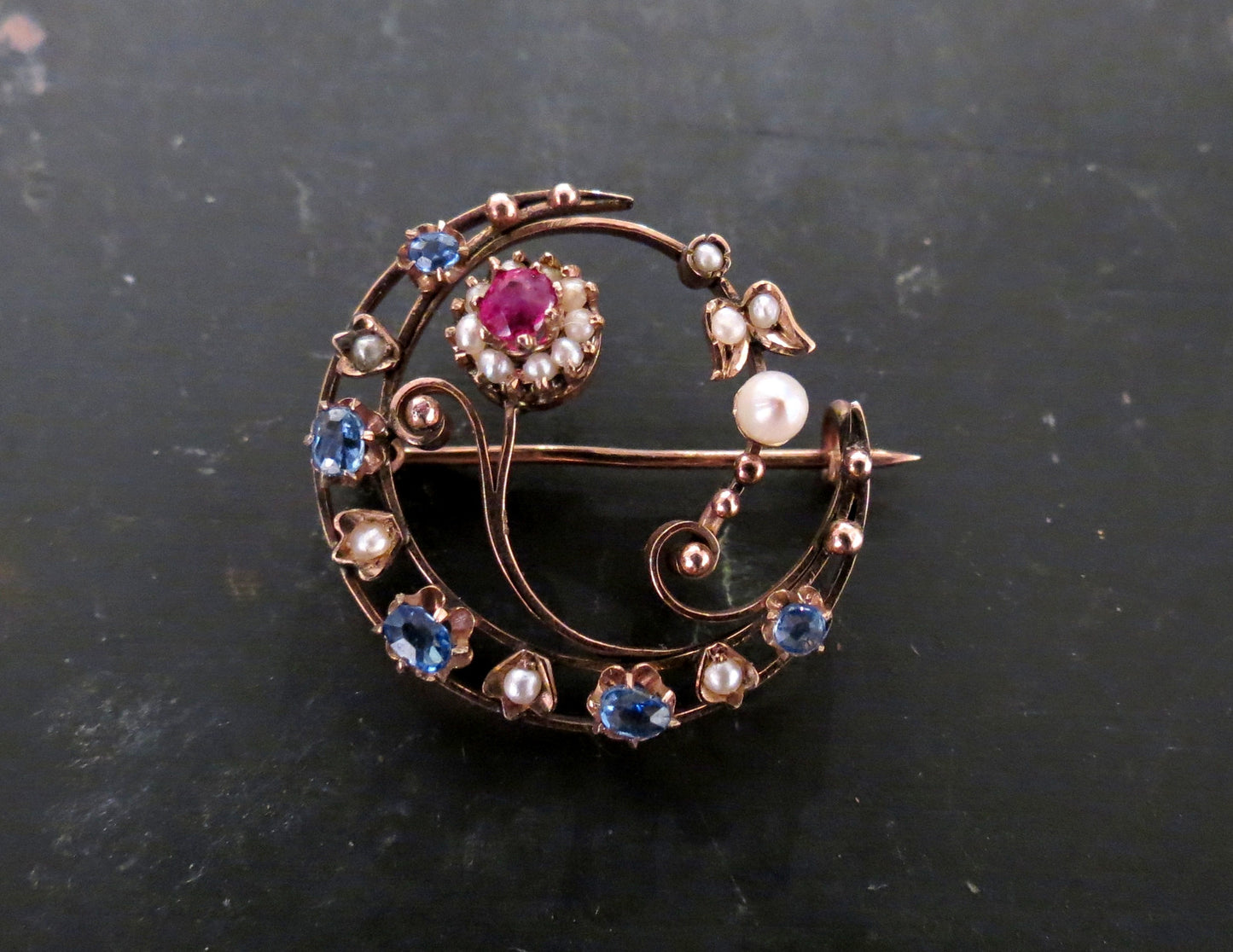 SOLD--Art Nouveau Ruby, Sapphire and Pearl Honeymoon Brooch 10k c. 1900