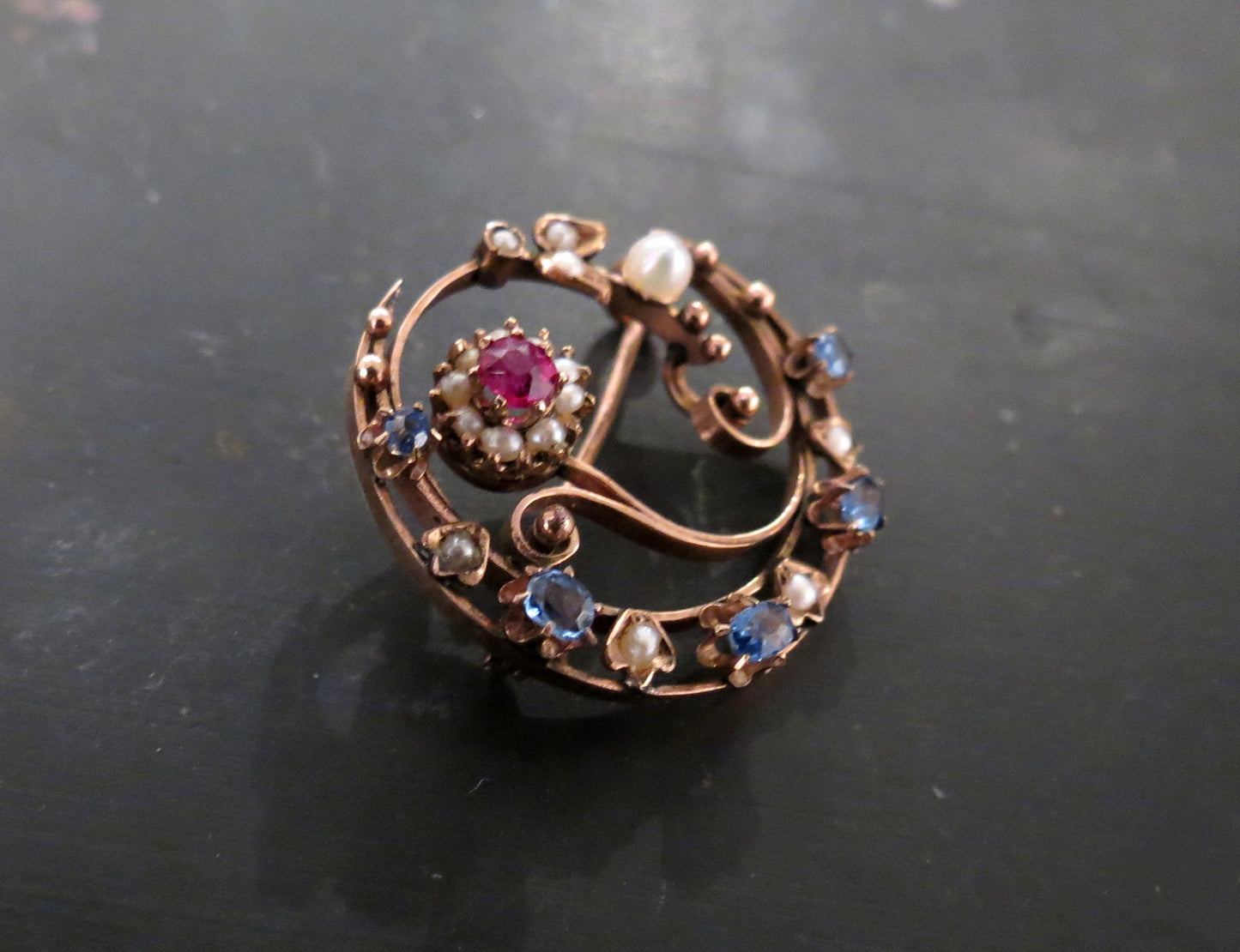 SOLD--Art Nouveau Ruby, Sapphire and Pearl Honeymoon Brooch 10k c. 1900