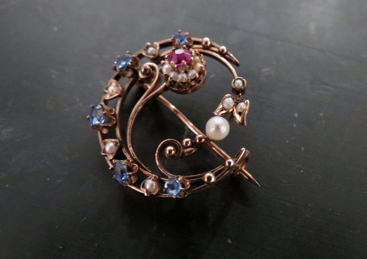 SOLD--Art Nouveau Ruby, Sapphire and Pearl Honeymoon Brooch 10k c. 1900