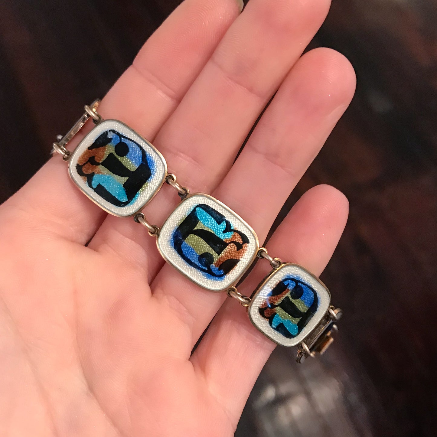 SOLD--Mid-Century Modernist Enamel Bracelet Gilt Sterling c. 1950