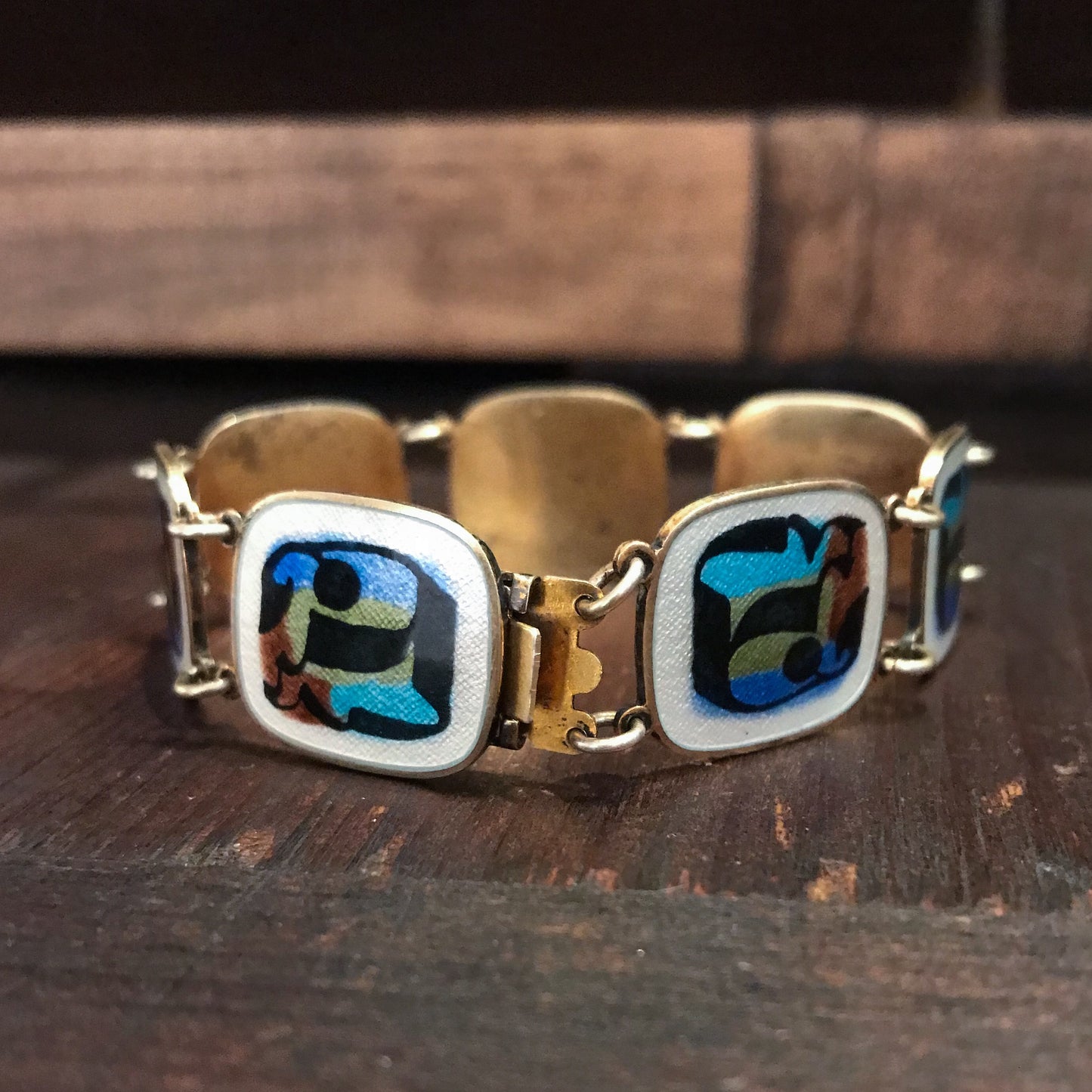 SOLD--Mid-Century Modernist Enamel Bracelet Gilt Sterling c. 1950