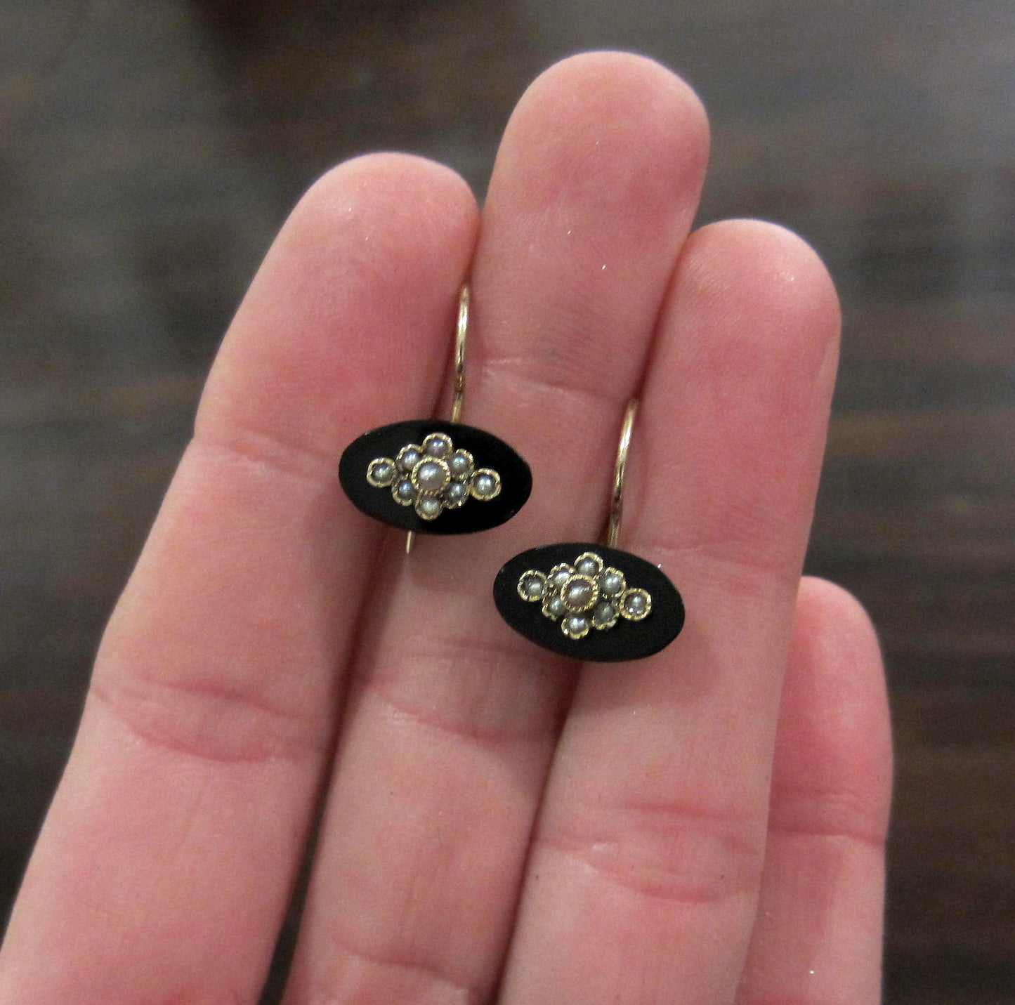 SOLD--Tiny Victorian Pearl and Onyx Earrings 14k c. 1880