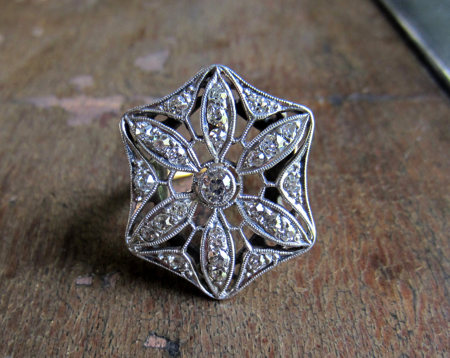 SOLD--Edwardian Old Mine Diamond Star Filigree Ring Plat/14k c. 1915