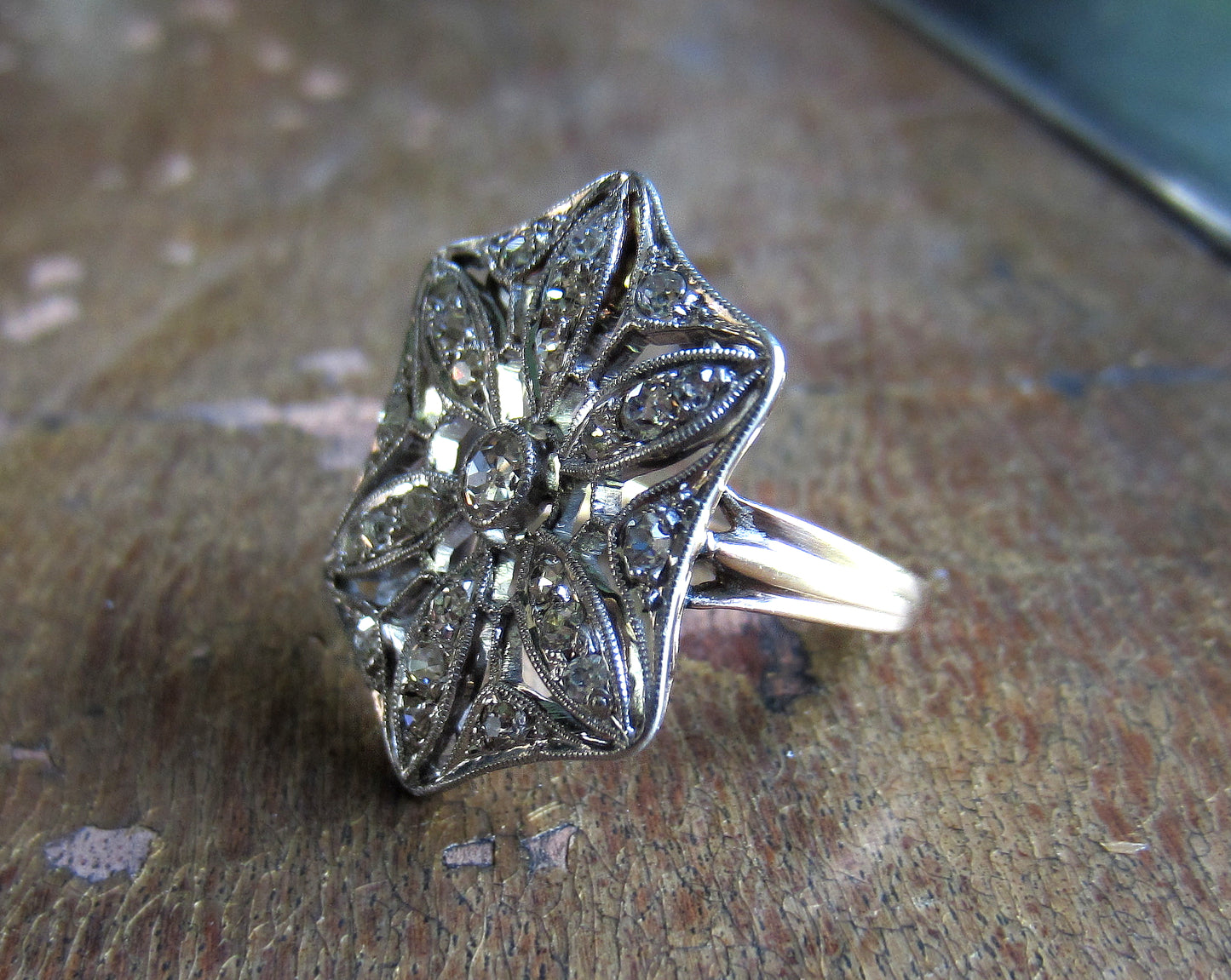 SOLD--Edwardian Old Mine Diamond Star Filigree Ring Plat/14k c. 1915