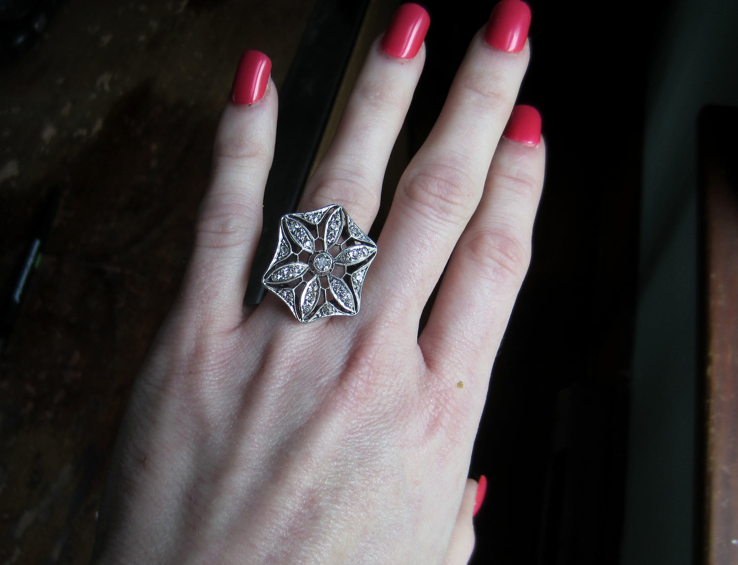 SOLD--Edwardian Old Mine Diamond Star Filigree Ring Plat/14k c. 1915