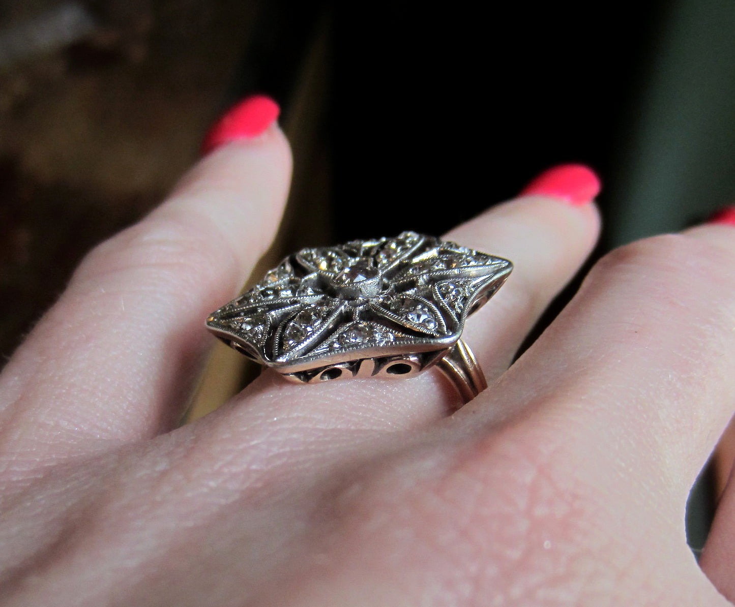 SOLD--Edwardian Old Mine Diamond Star Filigree Ring Plat/14k c. 1915