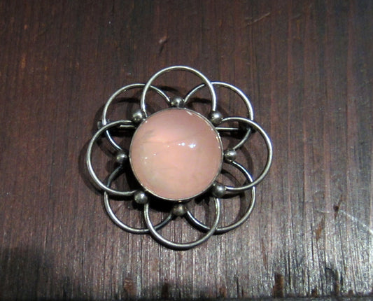 SOLD--Modernist Rose Quartz Brooch Sterling c. 1960