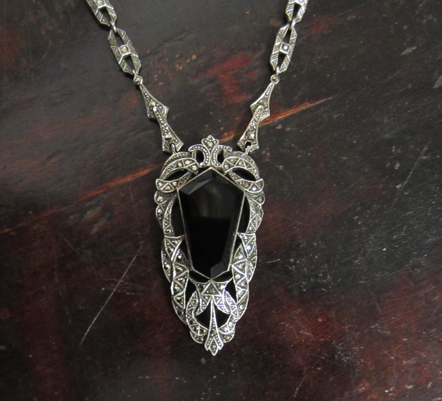 SOLD--Art Deco Onyx and Marcasite Necklace Sterling, German c. 1930