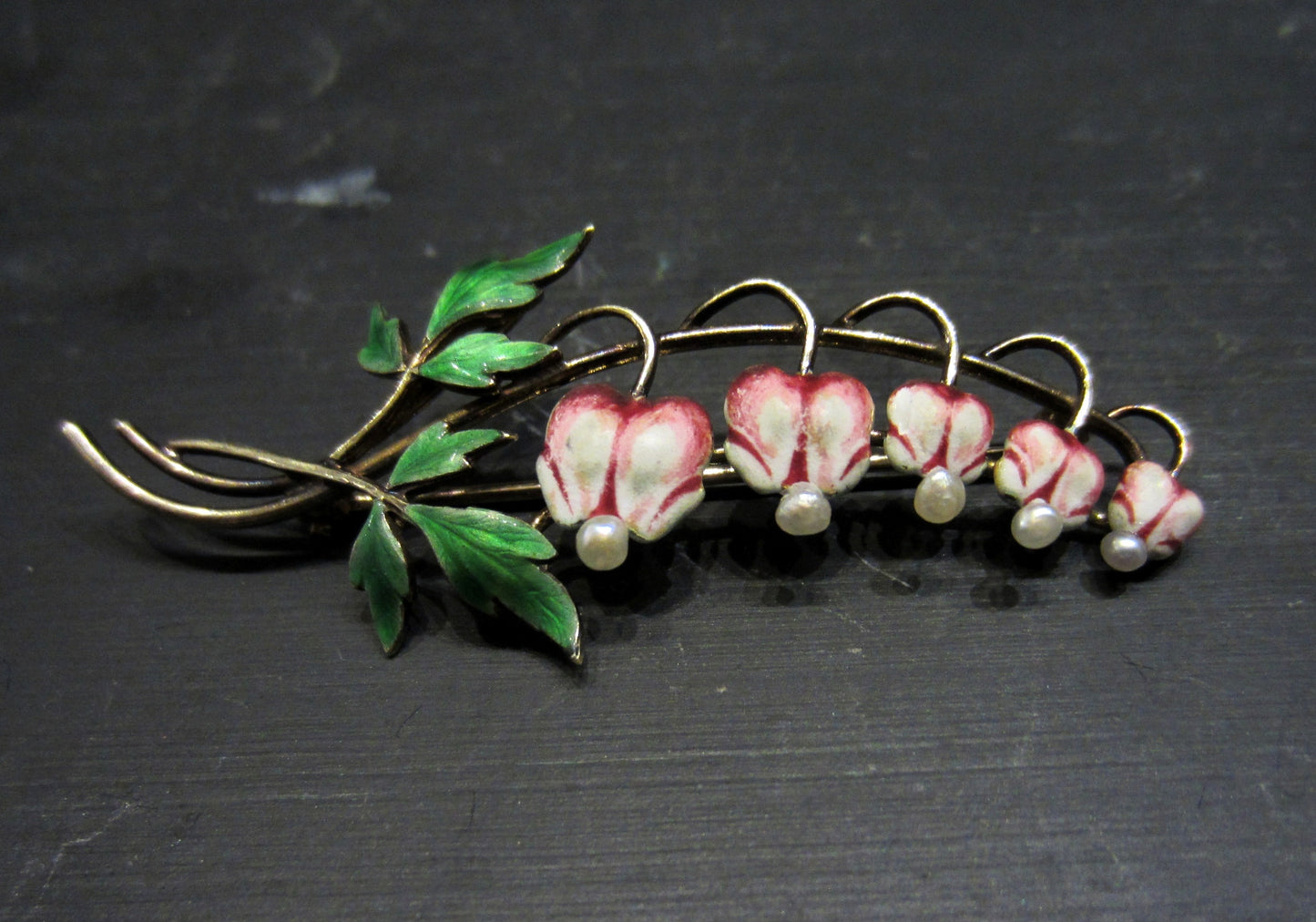 SOLD--Art Nouveau Enamel and Pearl Bleeding Heart Brooch 14k, Krementz c. 1910