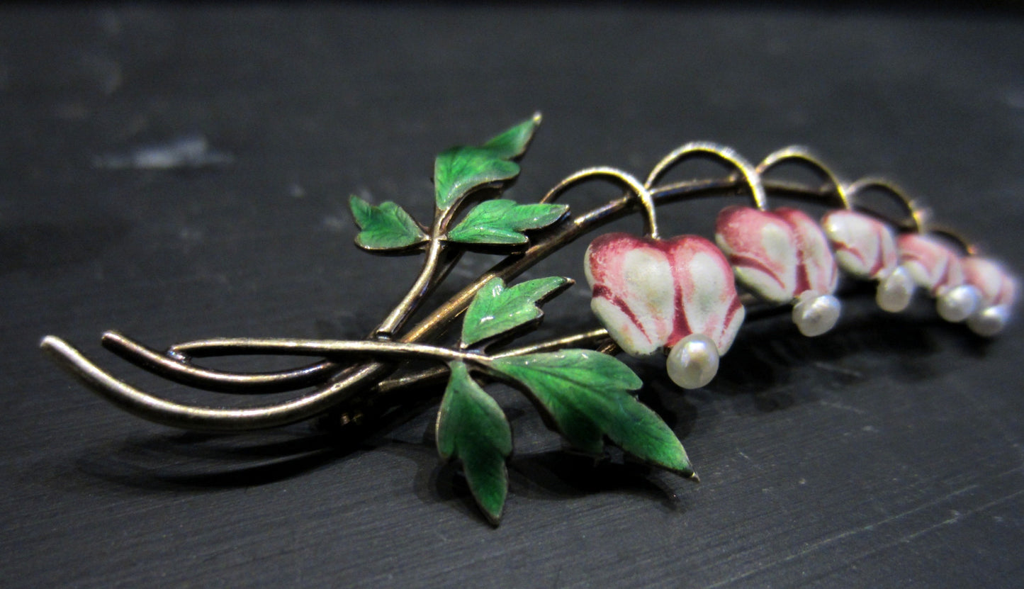 SOLD--Art Nouveau Enamel and Pearl Bleeding Heart Brooch 14k, Krementz c. 1910