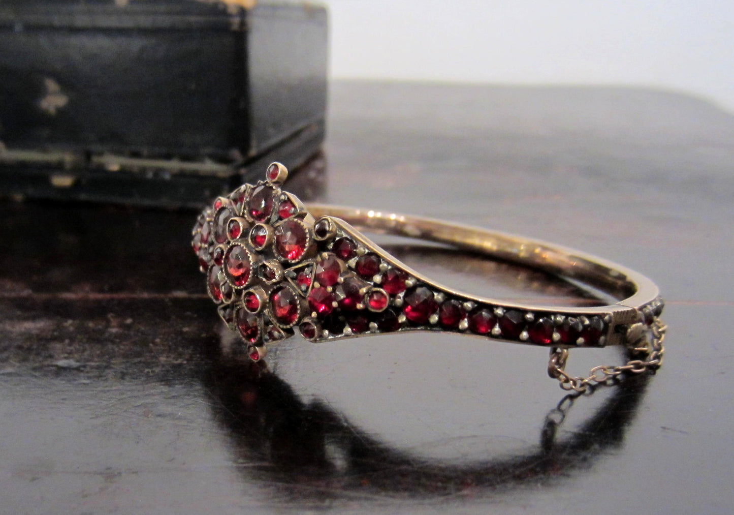 SOLD--Victorian Bohemian Garnet Bangle Gilt Brass c. 1880