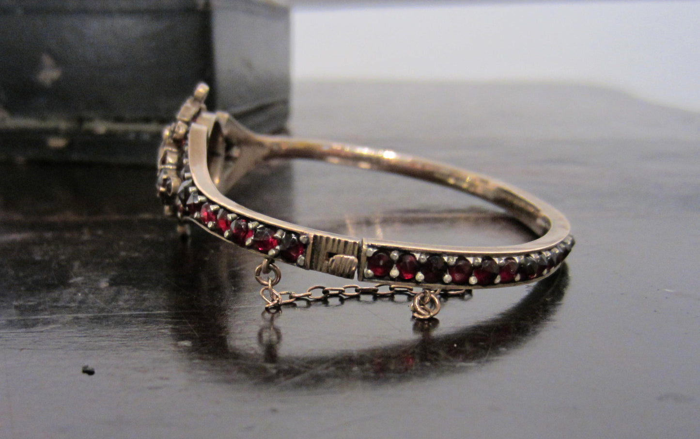 SOLD--Victorian Bohemian Garnet Bangle Gilt Brass c. 1880