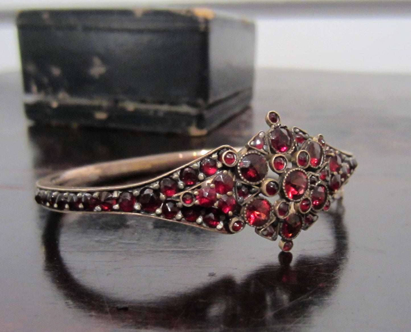 SOLD--Victorian Bohemian Garnet Bangle Gilt Brass c. 1880