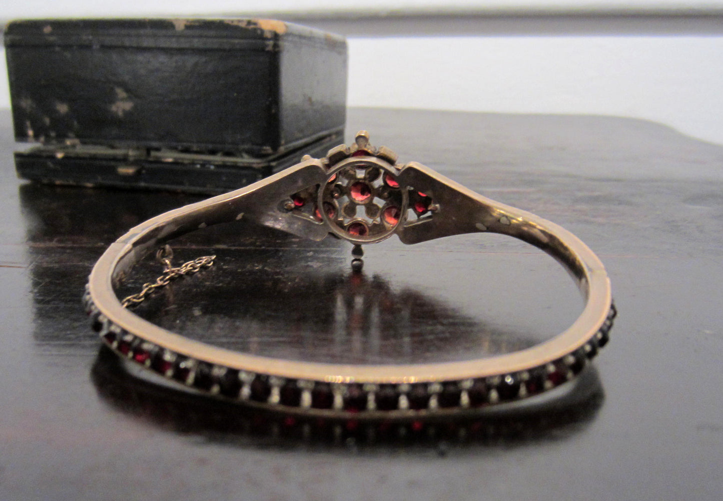 SOLD--Victorian Bohemian Garnet Bangle Gilt Brass c. 1880