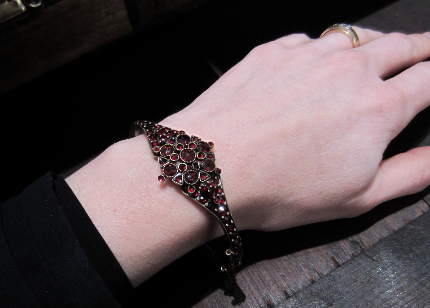 SOLD--Victorian Bohemian Garnet Bangle Gilt Brass c. 1880