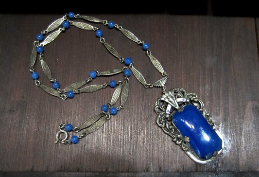 SOLD--Art Deco Long Blue Glass Necklace Silver Plate c. 1930