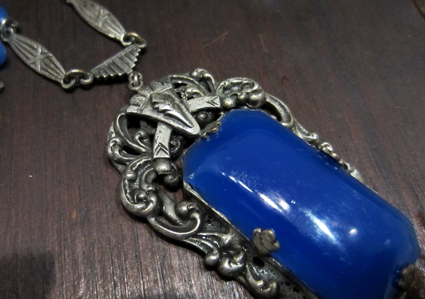 SOLD--Art Deco Long Blue Glass Necklace Silver Plate c. 1930