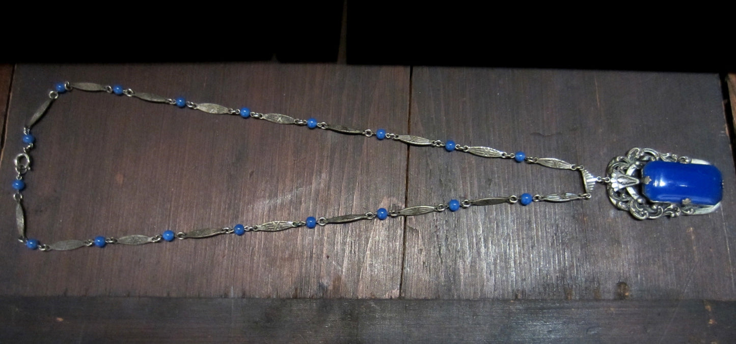 SOLD--Art Deco Long Blue Glass Necklace Silver Plate c. 1930