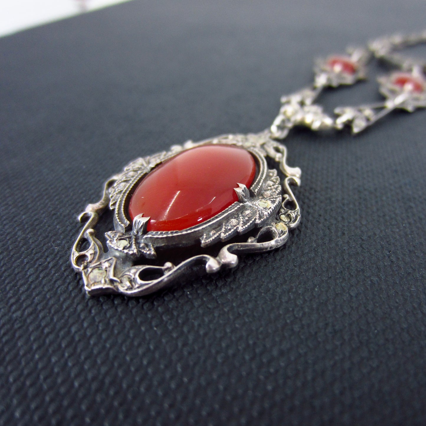 SOLD--Art Deco Carnelian and Marcasite Necklace Sterling c. 1930