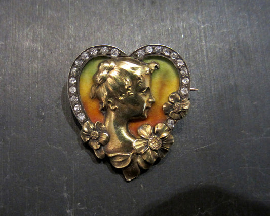 SOLD--Art Nouveau Diamond and Enamel Heart Brooch Silver/18k, French c. 1890