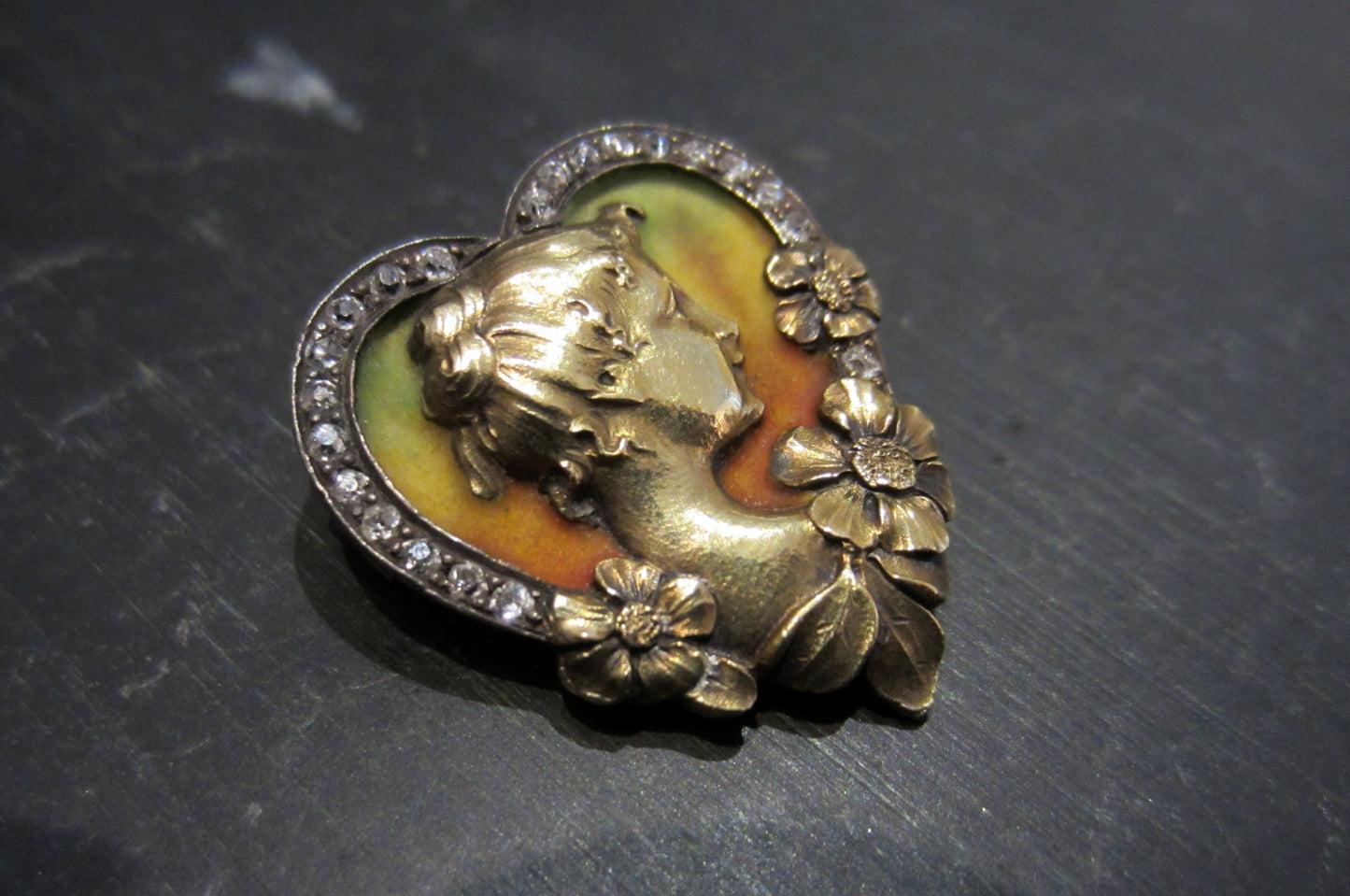SOLD--Art Nouveau Diamond and Enamel Heart Brooch Silver/18k, French c. 1890