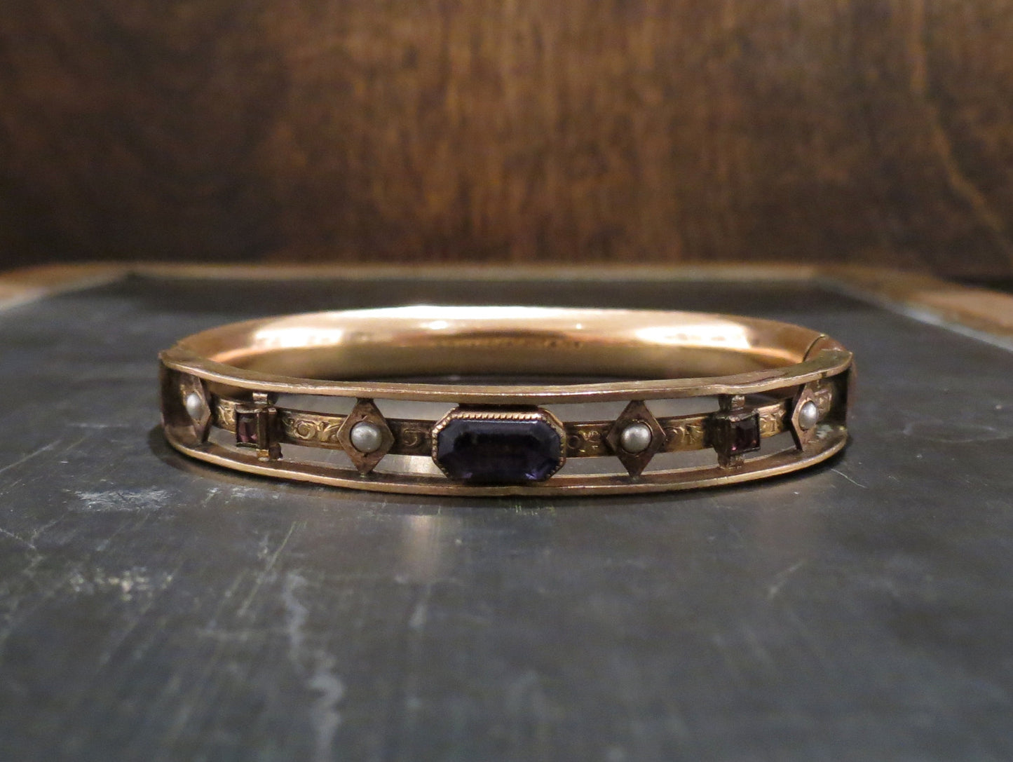 SOLD--Edwardian Amethyst Paste and Faux Pearl Bracelet Gold-filled c. 1908
