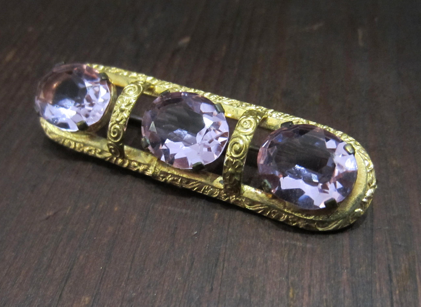 SOLD--Art Deco Color Change Glass Brooch Gilt Brass c. 1930