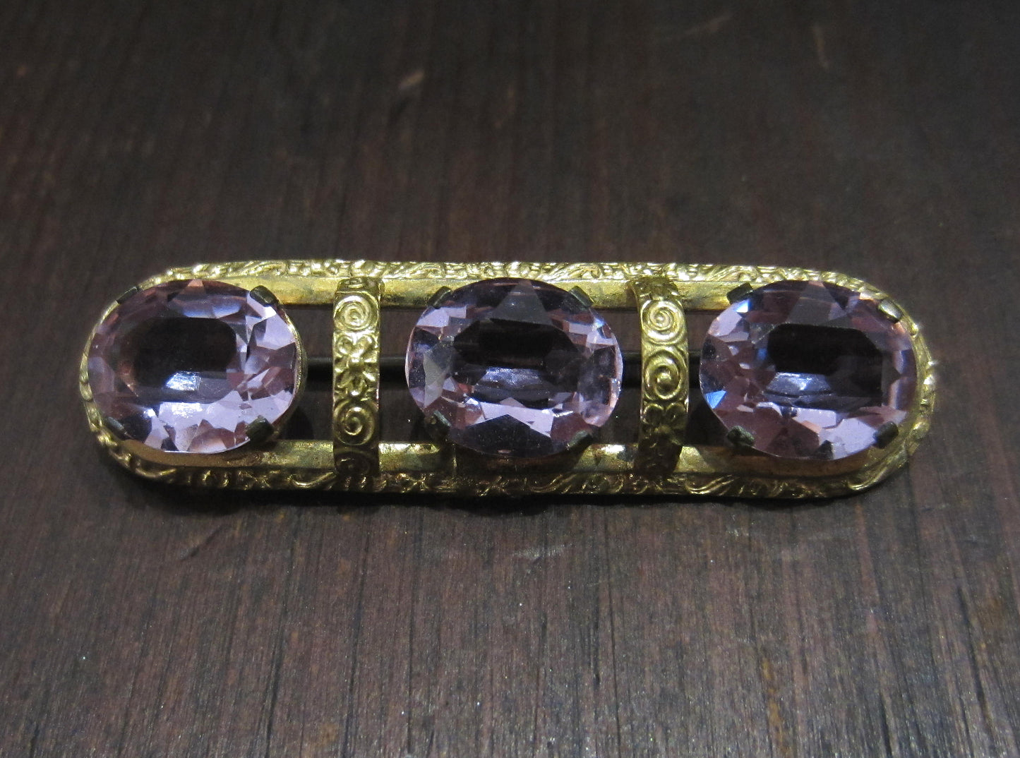 SOLD--Art Deco Color Change Glass Brooch Gilt Brass c. 1930