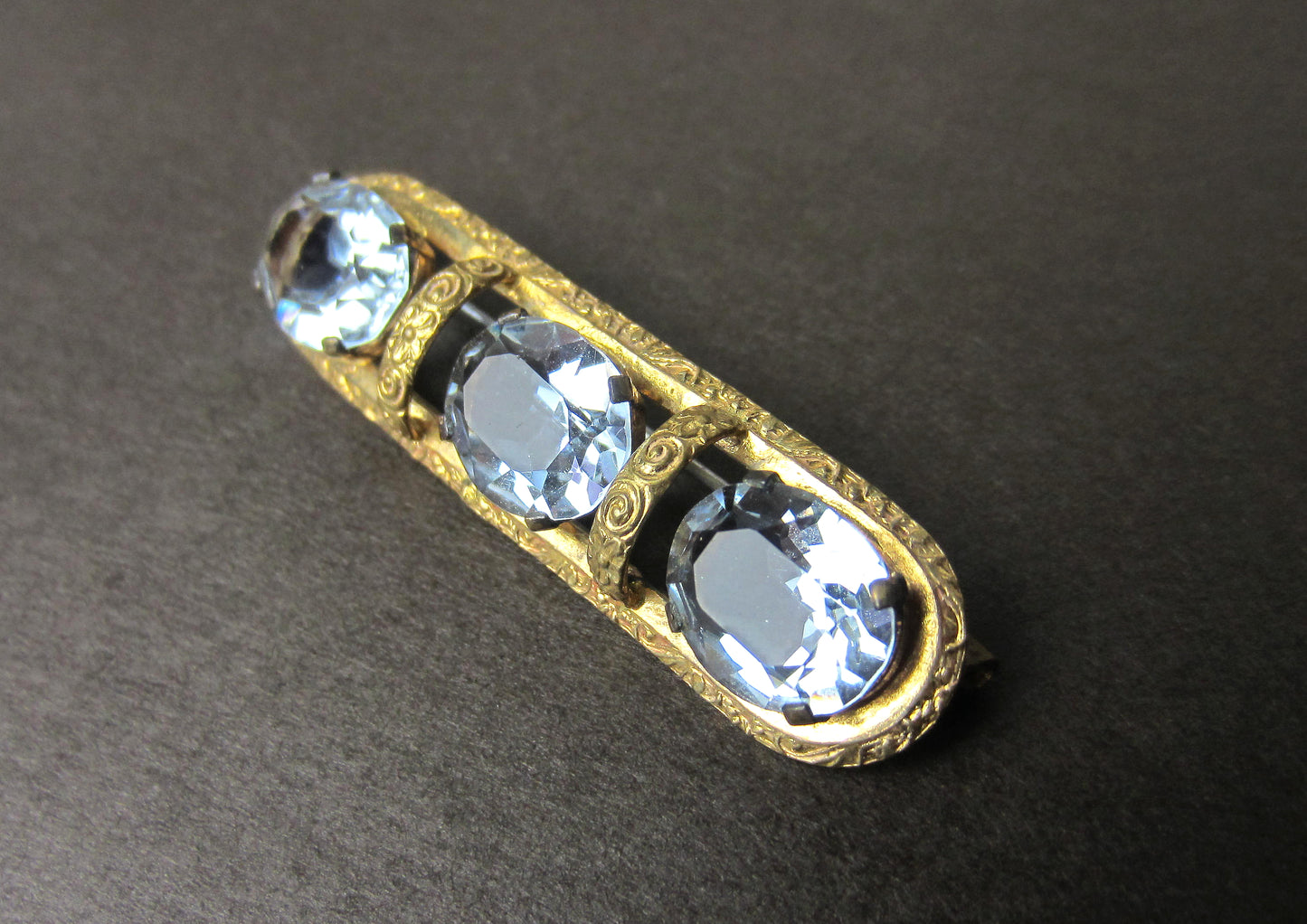 SOLD--Art Deco Color Change Glass Brooch Gilt Brass c. 1930