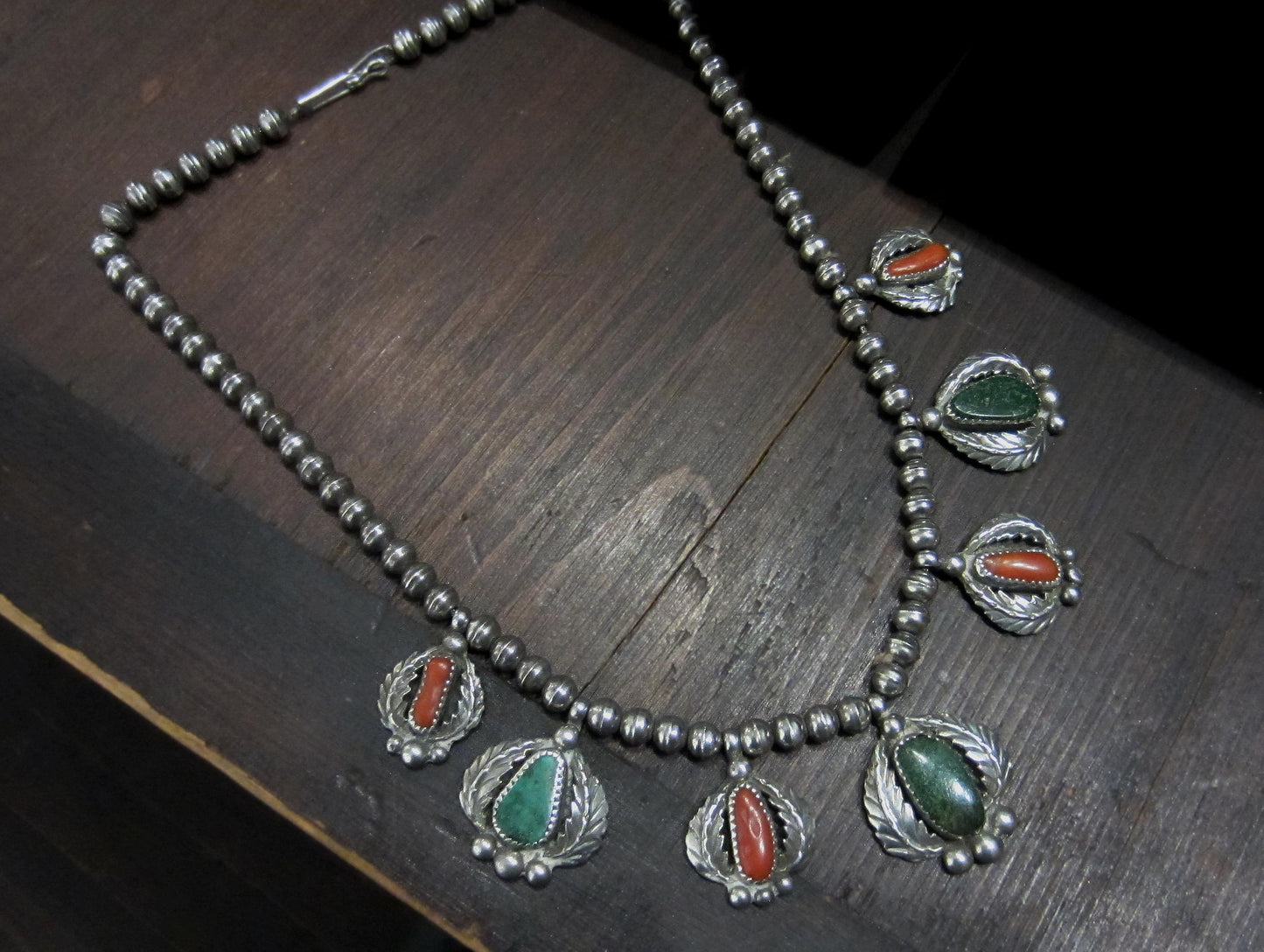 SOLD--Gorgeous Navajo Turquoise and Coral Necklace Sterling c. 1950