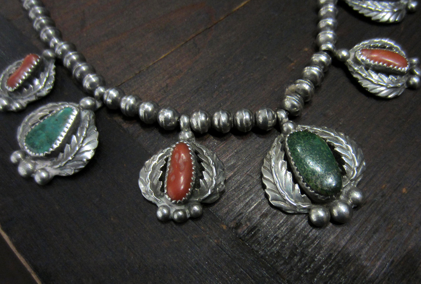 SOLD--Gorgeous Navajo Turquoise and Coral Necklace Sterling c. 1950