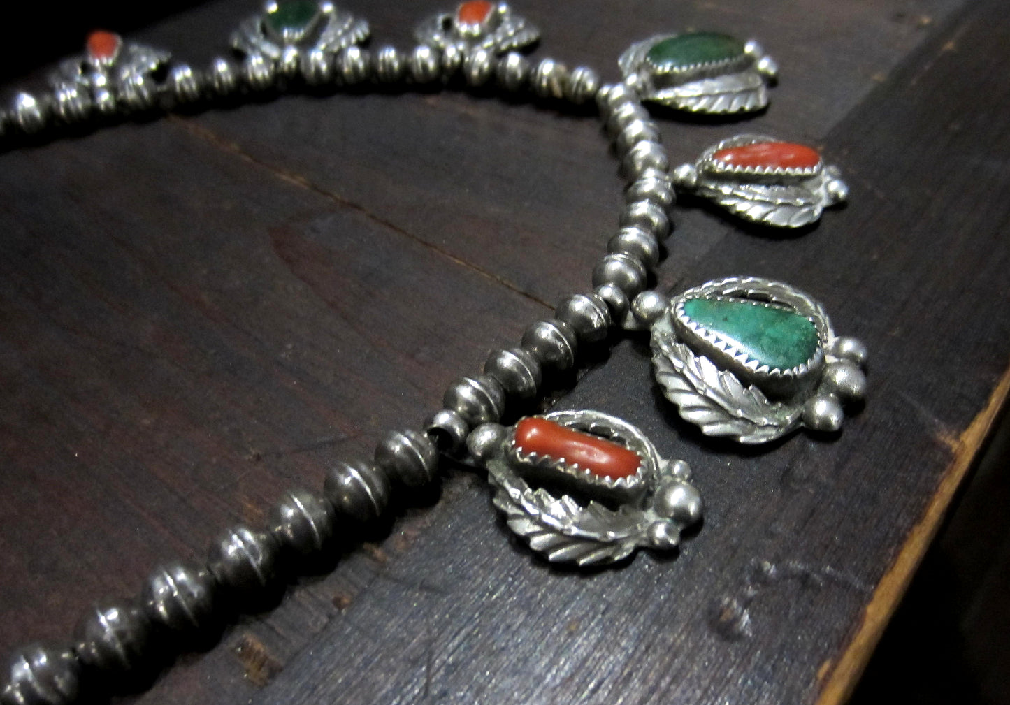 SOLD--Gorgeous Navajo Turquoise and Coral Necklace Sterling c. 1950