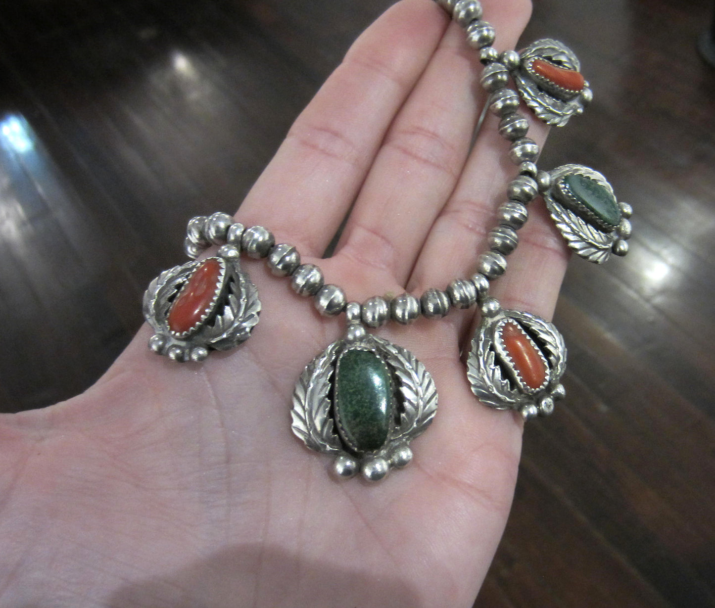 SOLD--Gorgeous Navajo Turquoise and Coral Necklace Sterling c. 1950