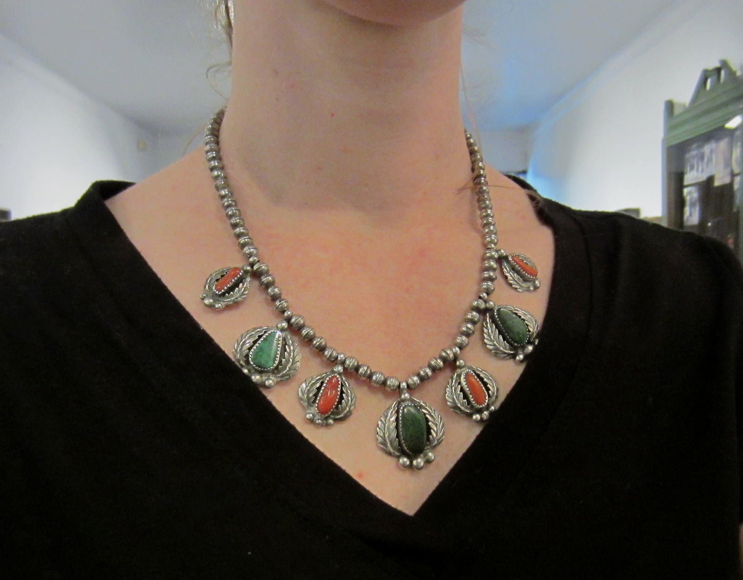 SOLD--Gorgeous Navajo Turquoise and Coral Necklace Sterling c. 1950