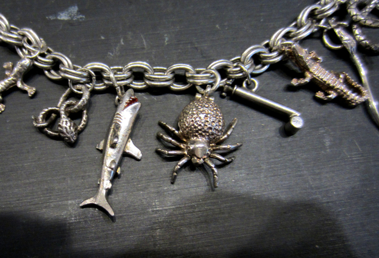 SOLD--Vintage "Creepy Crawlies" Charm Bracelet Sterling c. 1920-1950