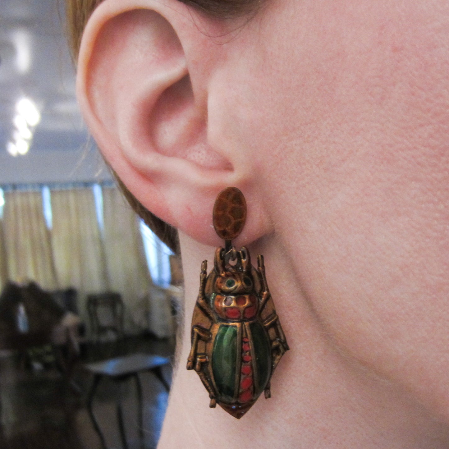 SOLD--Vintage Enamel Scarab Earrings Copper c. 1940