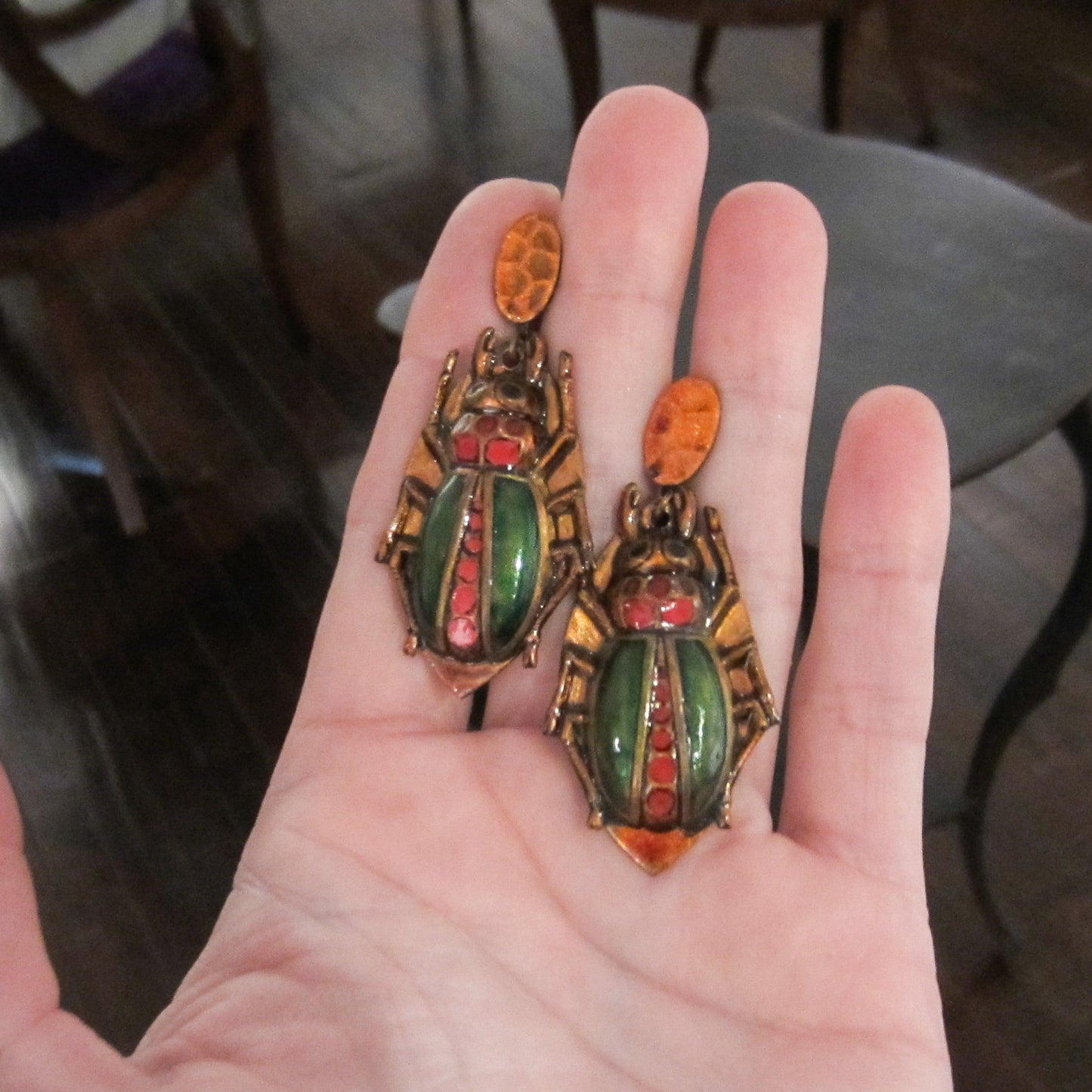 SOLD--Vintage Enamel Scarab Earrings Copper c. 1940