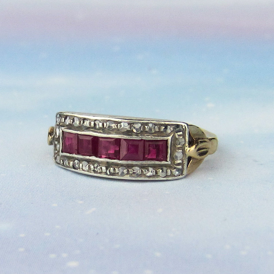 SOLD--Art Deco Square Cut Ruby and Rose Cut Diamond Ring Silver/14k c. 1940