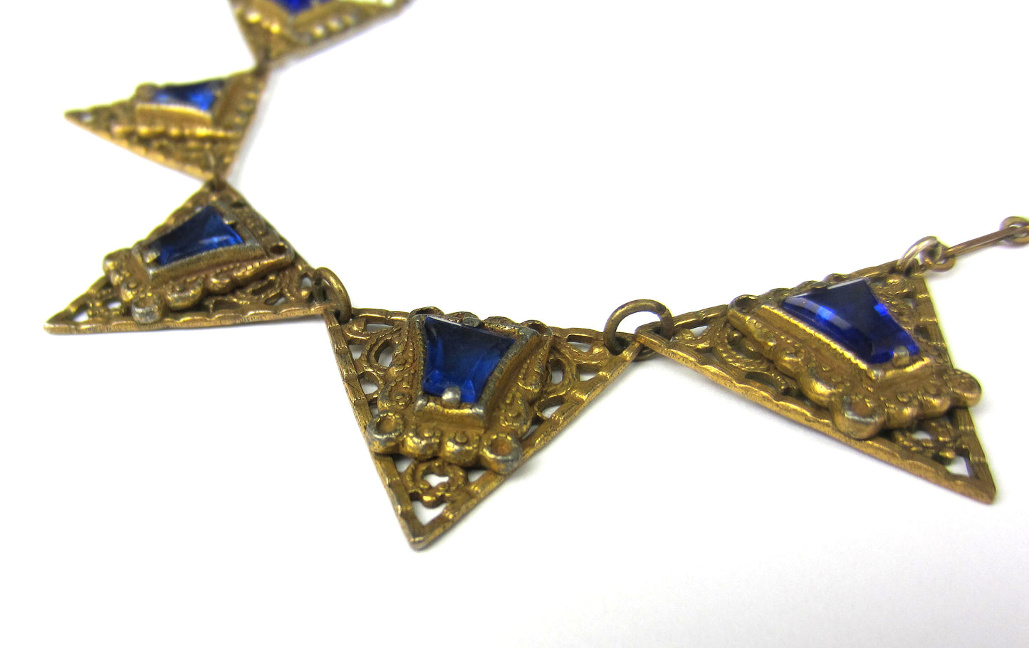 SOLD--Art Deco Blue Glass Filigree Triangle Necklace Brass c. 1930