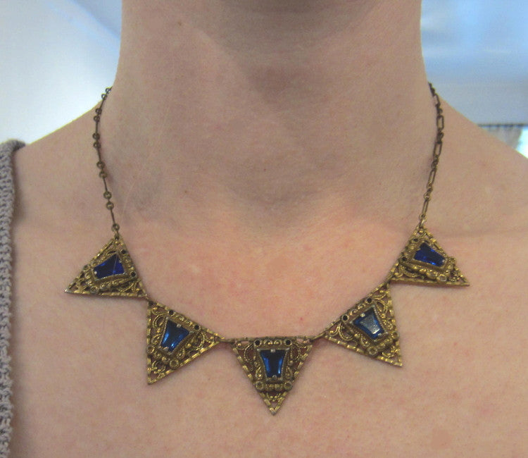 SOLD--Art Deco Blue Glass Filigree Triangle Necklace Brass c. 1930